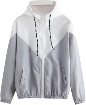 Womens Lightweight Hooded Jacket Casual Color Block Zip Up Jackets Packable Windbreaker Outdoor Coat Outerwear
