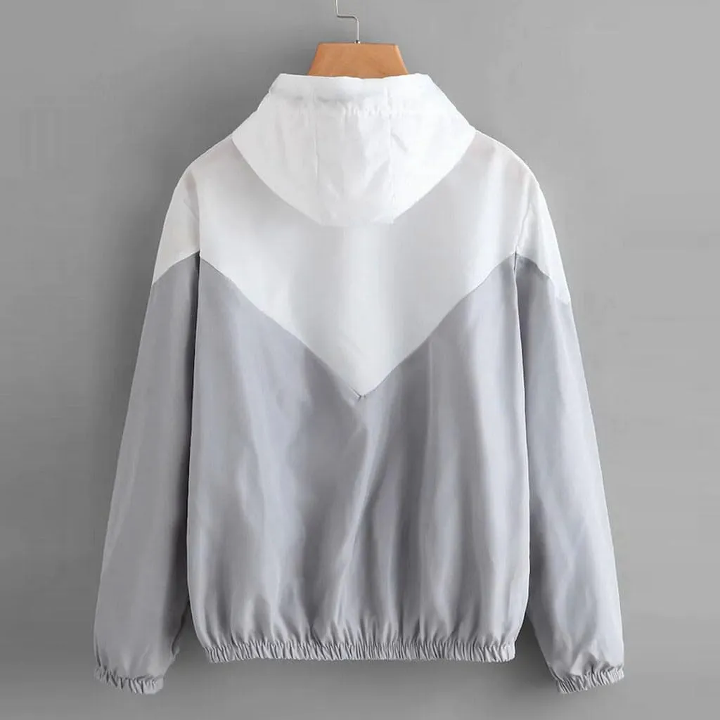 Womens Lightweight Hooded Jacket Casual Color Block Zip Up Jackets Packable Windbreaker Outdoor Coat Outerwear