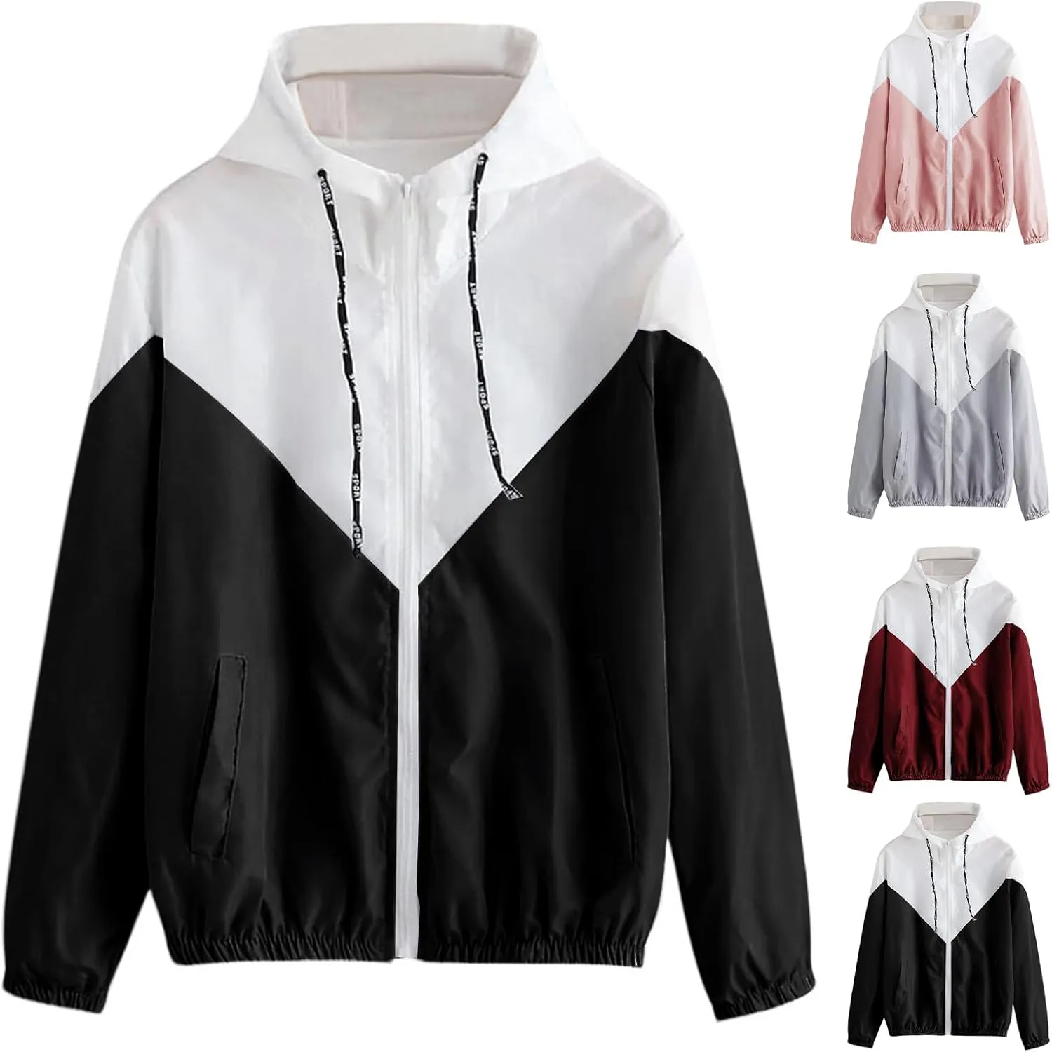Womens Lightweight Hooded Jacket Casual Color Block Zip Up Jackets Packable Windbreaker Outdoor Coat Outerwear