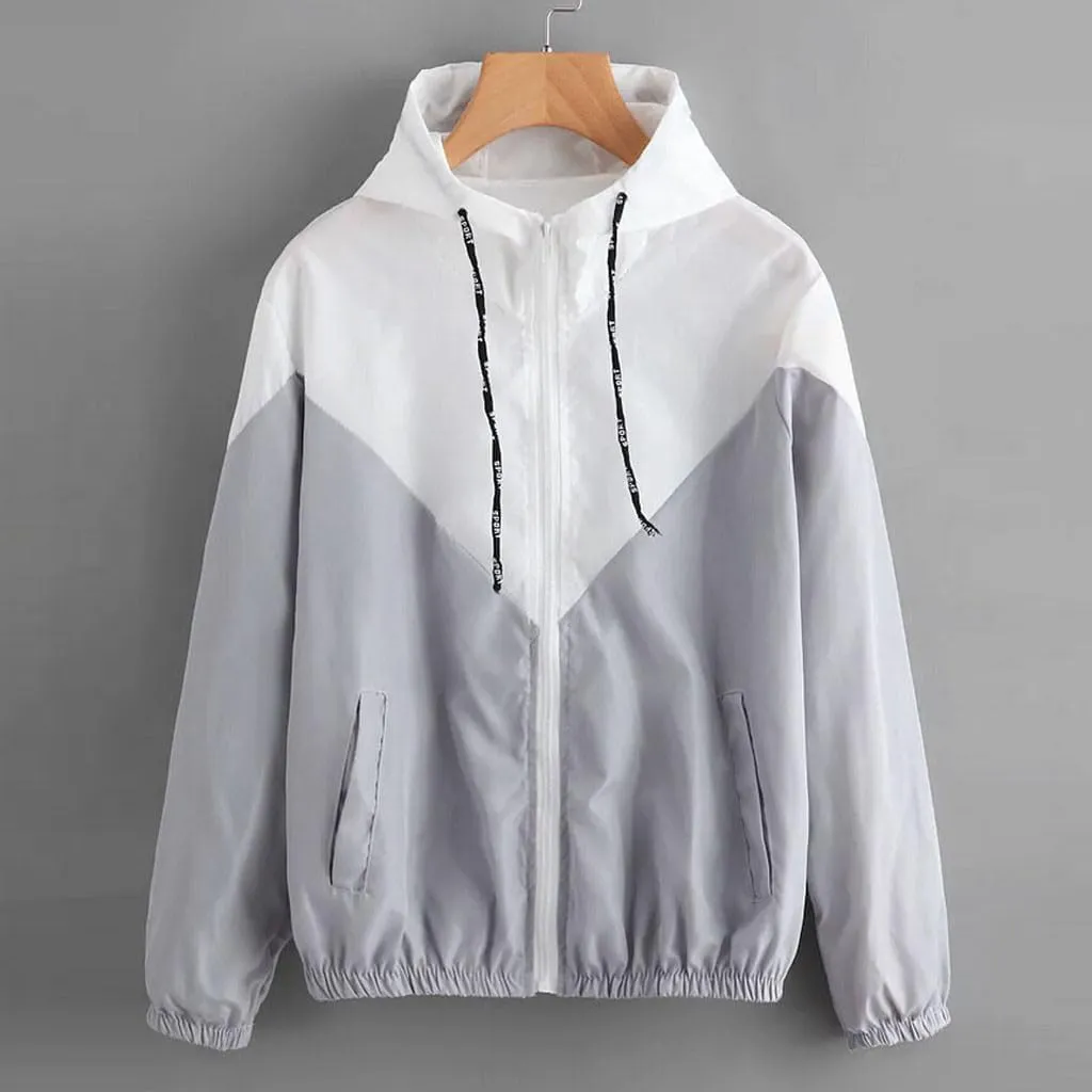 Womens Lightweight Hooded Jacket Casual Color Block Zip Up Jackets Packable Windbreaker Outdoor Coat Outerwear
