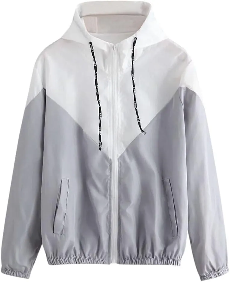 Womens Lightweight Hooded Jacket Casual Color Block Zip Up Jackets Packable Windbreaker Outdoor Coat Outerwear