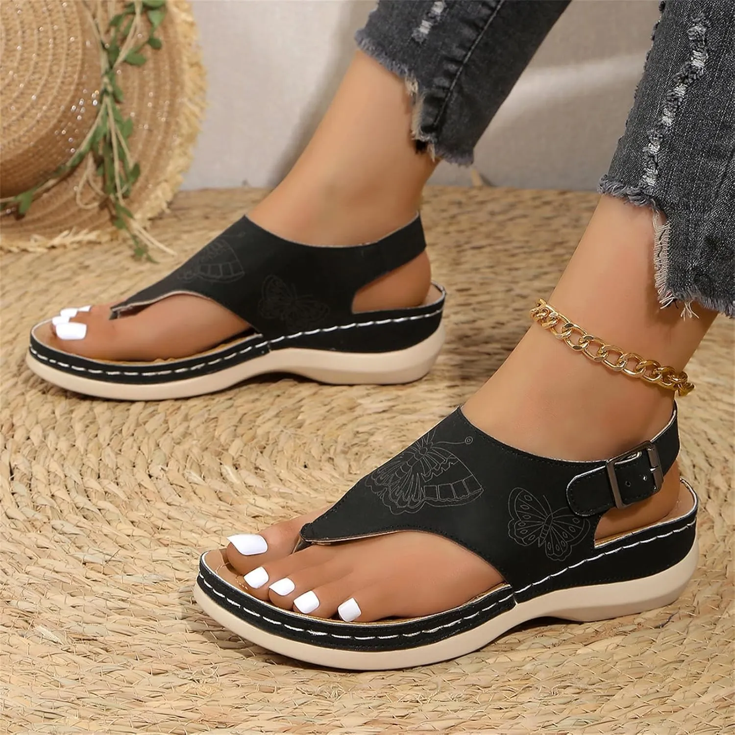 Women's Orthopedic Arch Support Sandals Fashion Orthotic Flip Flops Ladies Slip On Lightweight Athletic Yoga Mat Cushion Thong Sandals Adjustable Buckle Ankle Strap Shoes