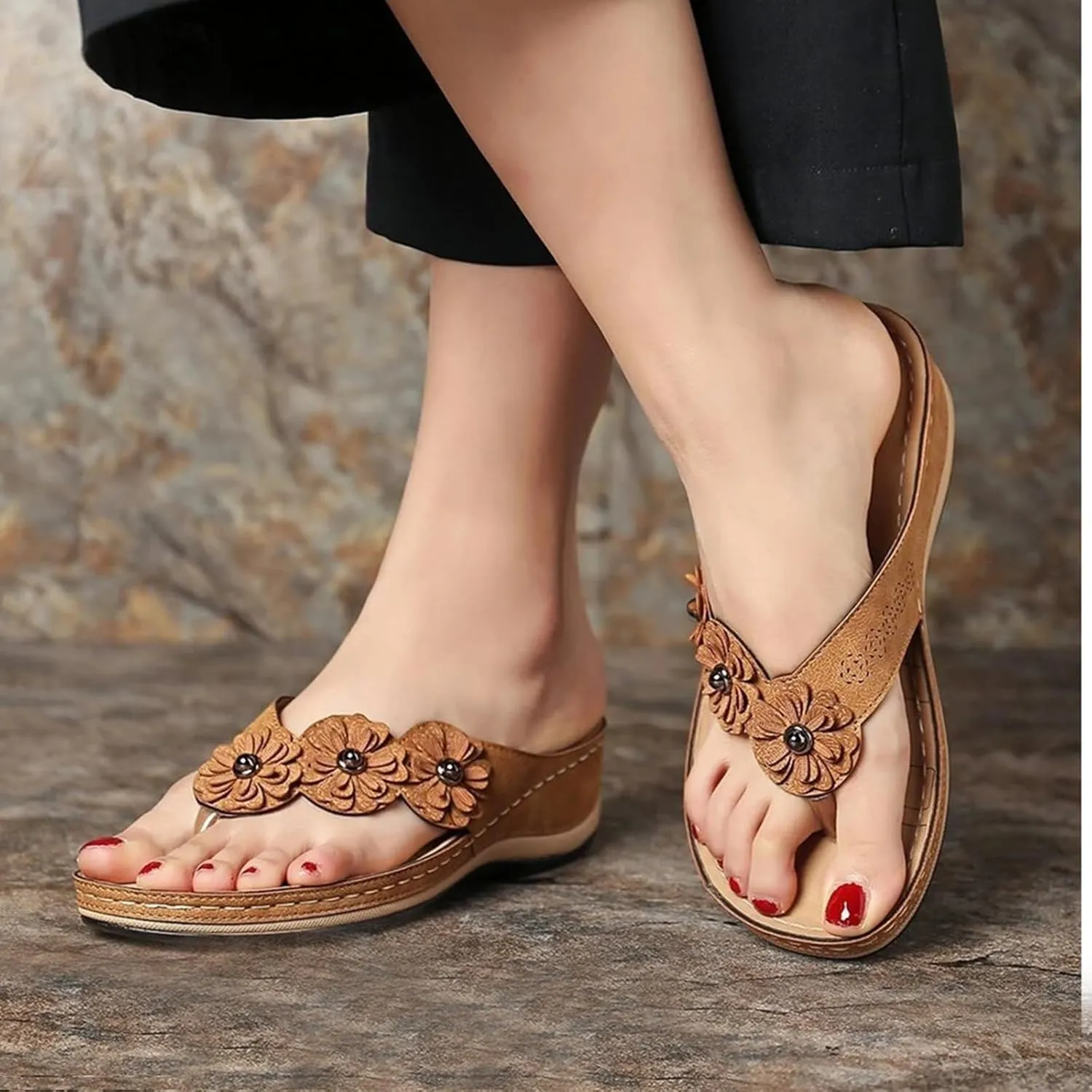 Womens Orthopedic Sandals Arch Support Wedge Sandals Casual Slip On Open Toe Platform Sandal Comfortable Walking Flip Flops for Summer Beach Shoes Slides