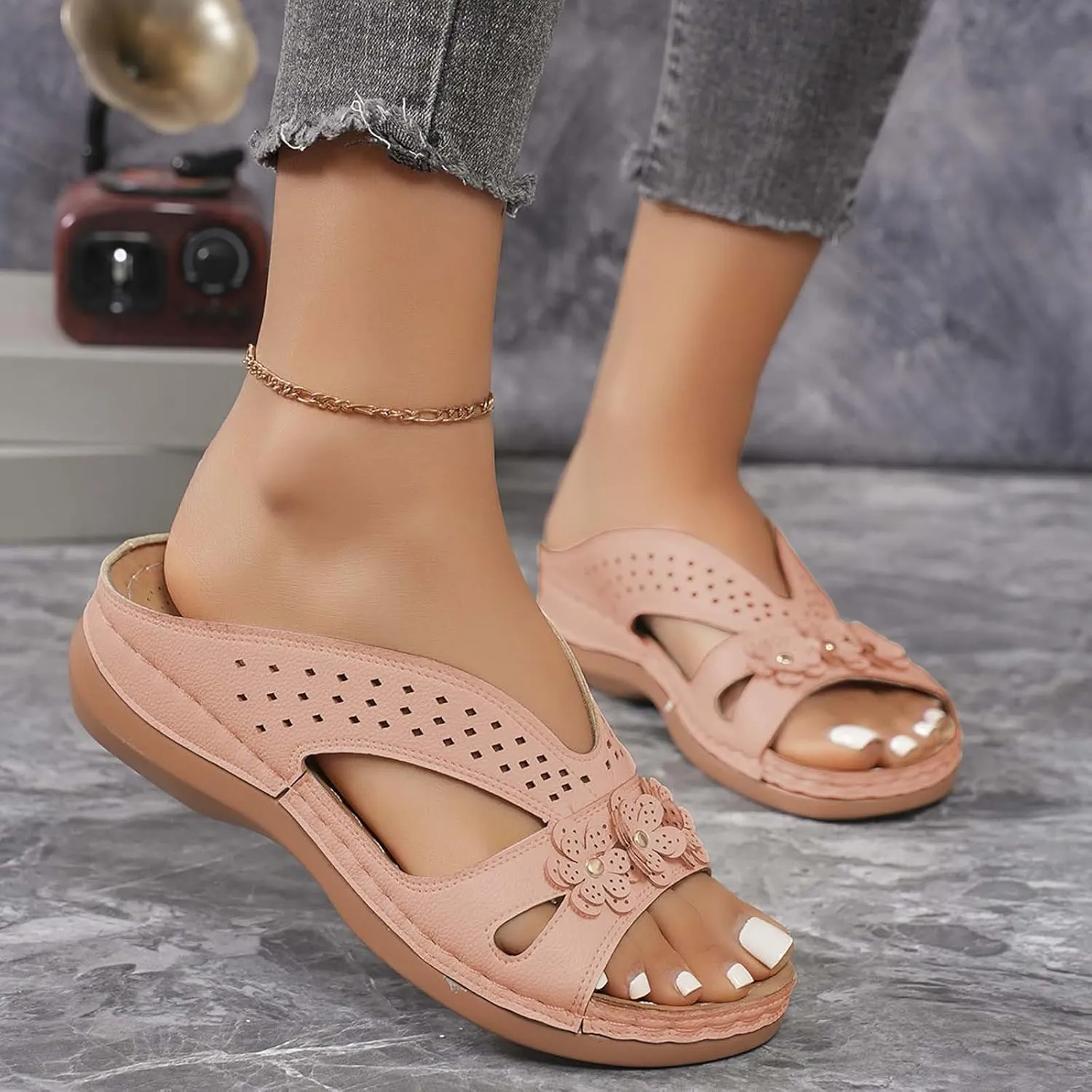Womens Orthopedic Sandals Flower Wedge Platform Sandals with Arch Support Slip on Dressy Summer Beach Slides