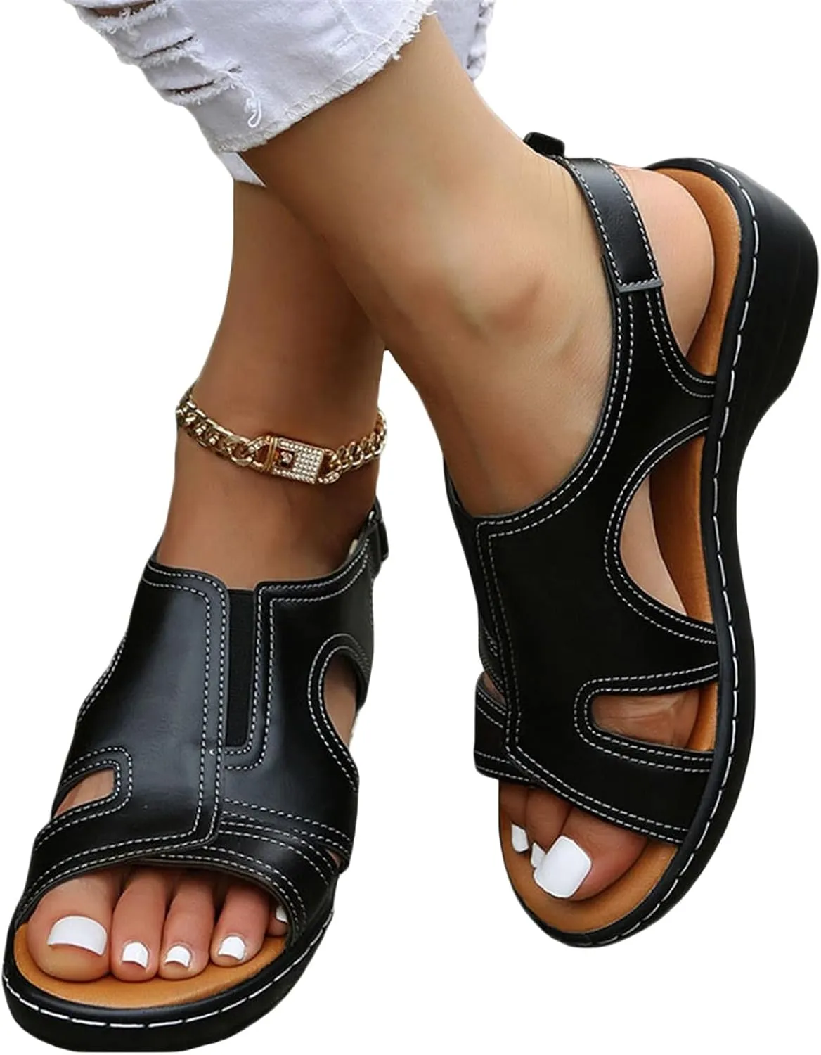 Womens Orthopedic Wedge Sandals Comfortable Slip on Platform Sandals, Wide Width Ankle Strap Open Toe Wedges Summer Casual Walking Shoes with Arch Support