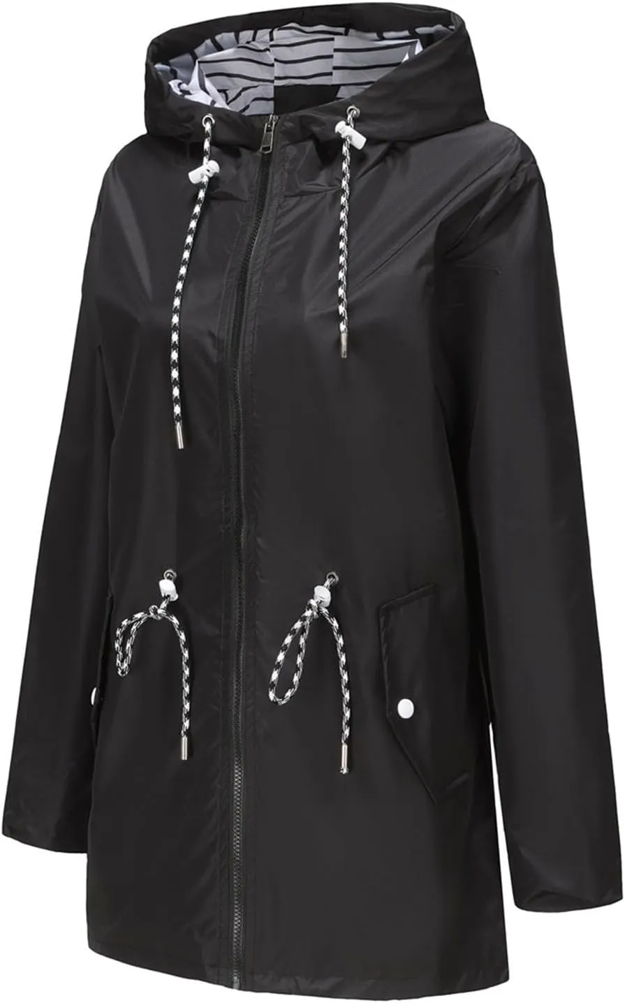 Womens Plus Size Rain Jackets Waterproof Lightweight Raincoat Cinch Waist Outdoor Windbreaker with Hood