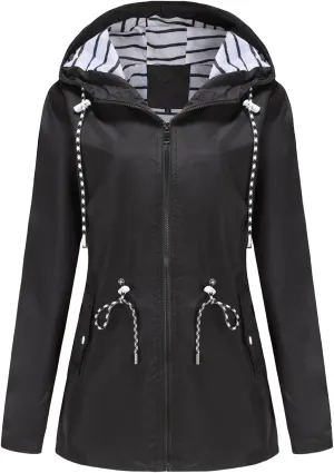 Womens Plus Size Rain Jackets Waterproof Lightweight Raincoat Cinch Waist Outdoor Windbreaker with Hood