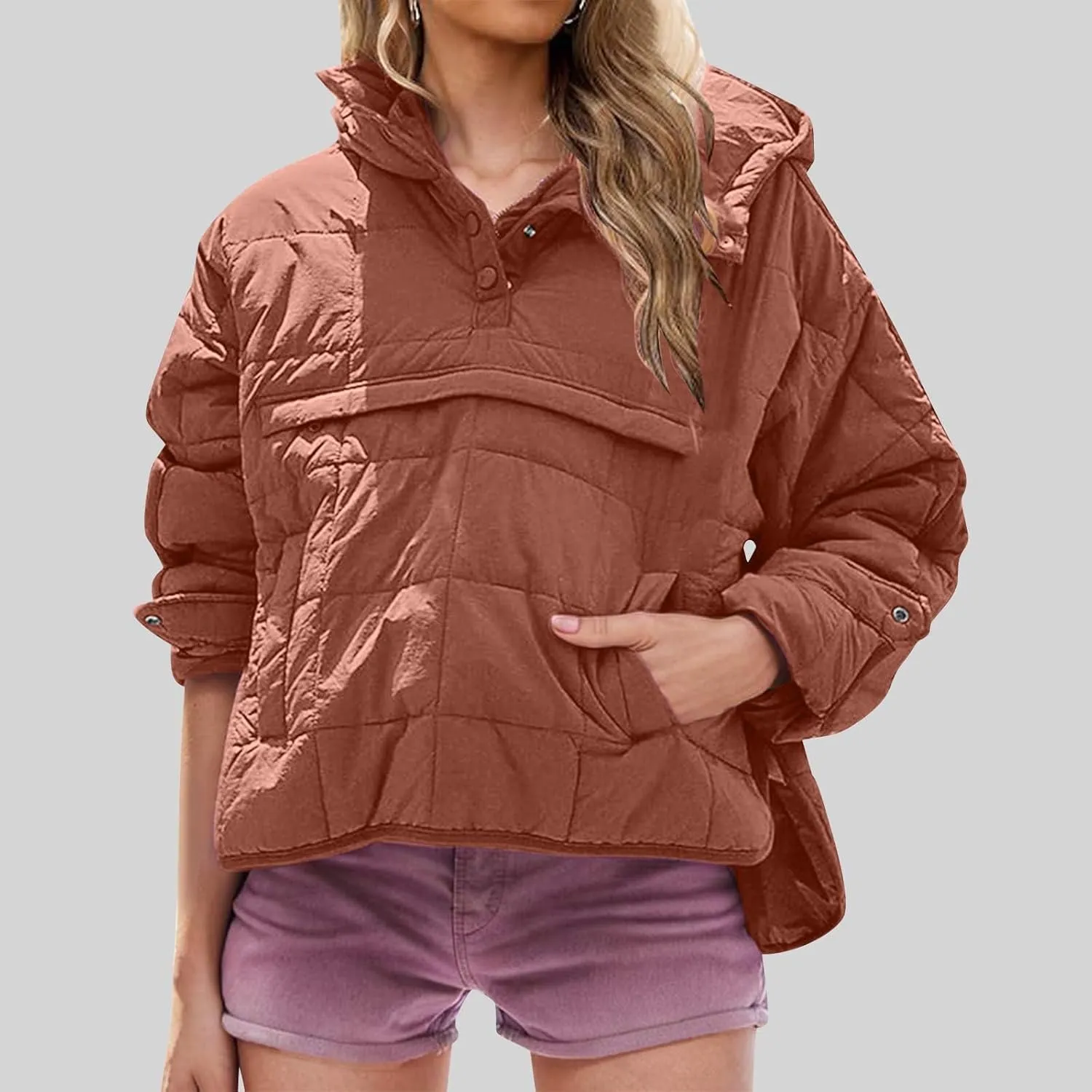 Womens Quilted Pullover Puffer Jacket Lightweight Hooded Long Sleeve down Coats Loose Casual 2024 Fall Winter Outwear