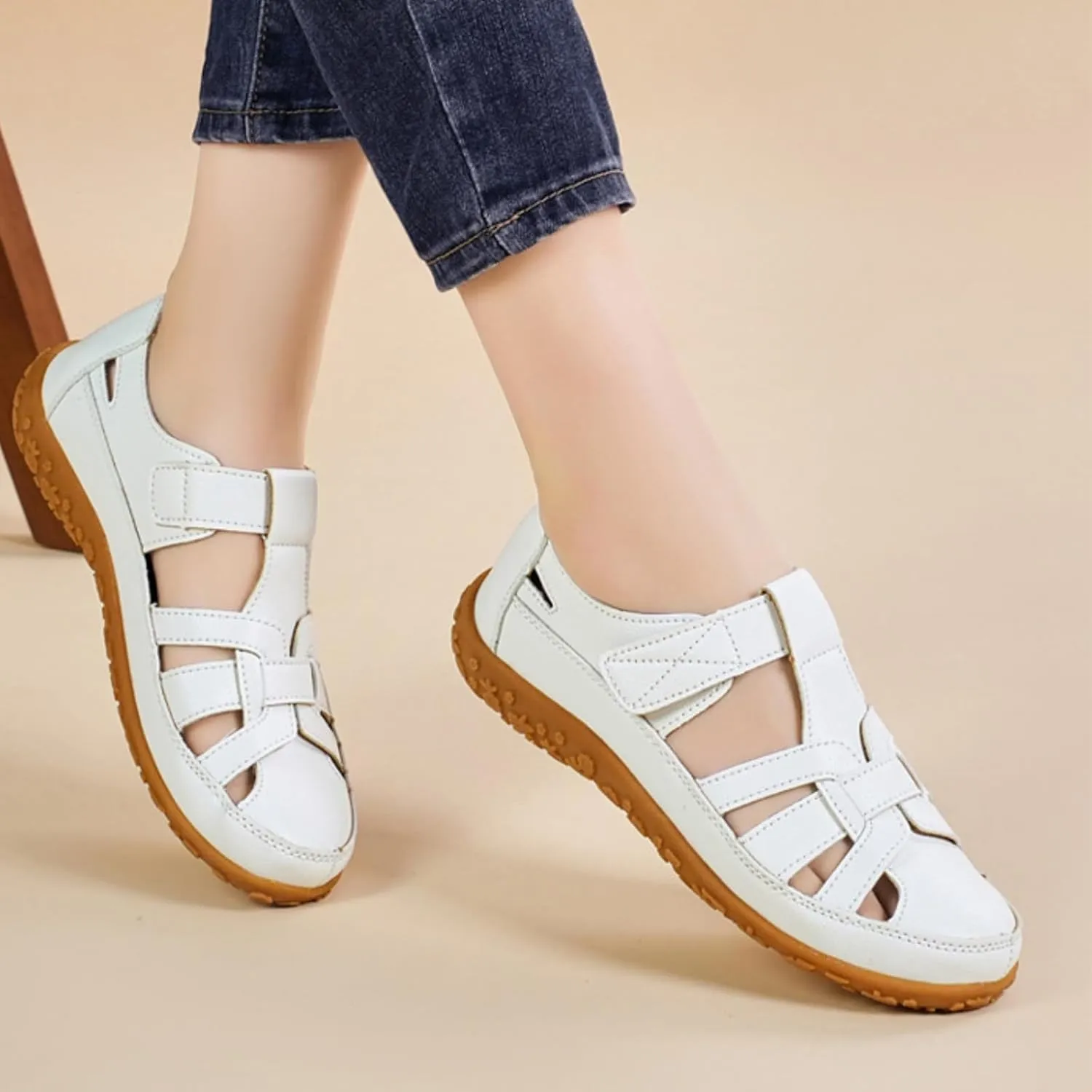 Womens Sandals Leather Cutout Soft Sole Slip On Loafers Lightweight Non Slip Summer Cutout Roman Sandals Ankle Strap Causal Summer Shoes