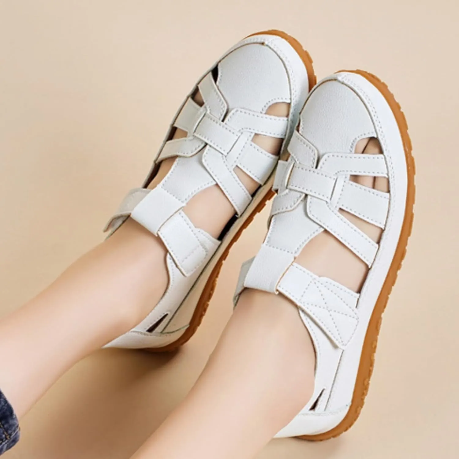 Womens Sandals Leather Cutout Soft Sole Slip On Loafers Lightweight Non Slip Summer Cutout Roman Sandals Ankle Strap Causal Summer Shoes