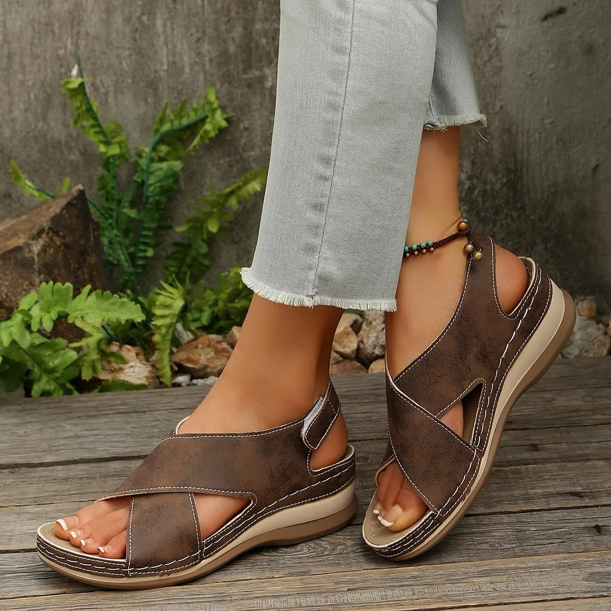 Womens Soft Sole Wedge Sandals with Arch Support Massage Adjustable Buckle Support Summer Lightweight Sandals Wedge Slippers Damping Sole
