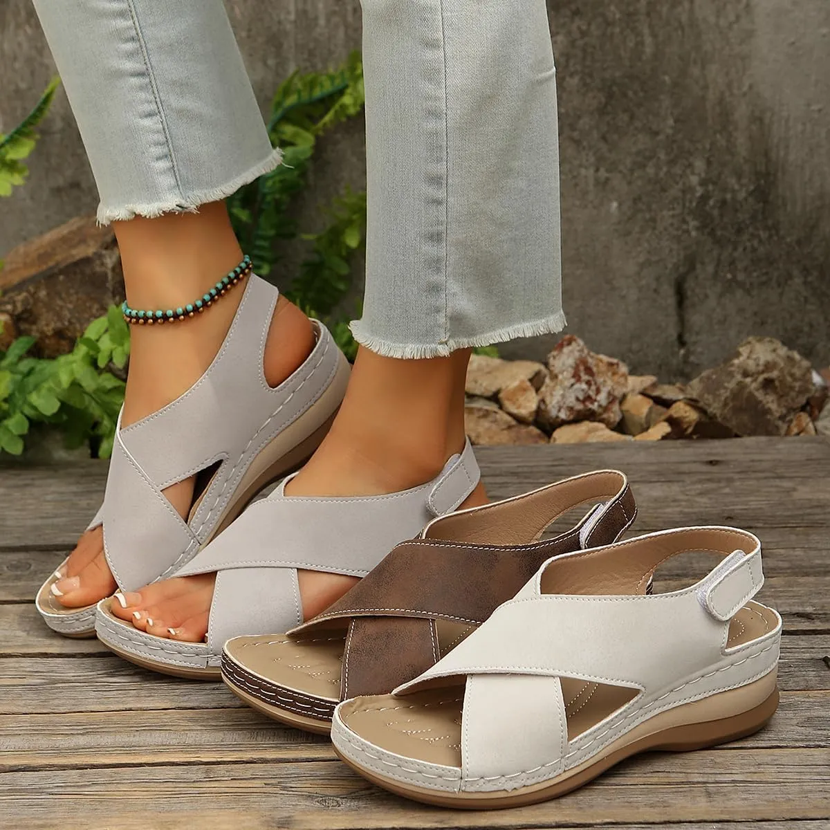 Womens Soft Sole Wedge Sandals with Arch Support Massage Adjustable Buckle Support Summer Lightweight Sandals Wedge Slippers Damping Sole