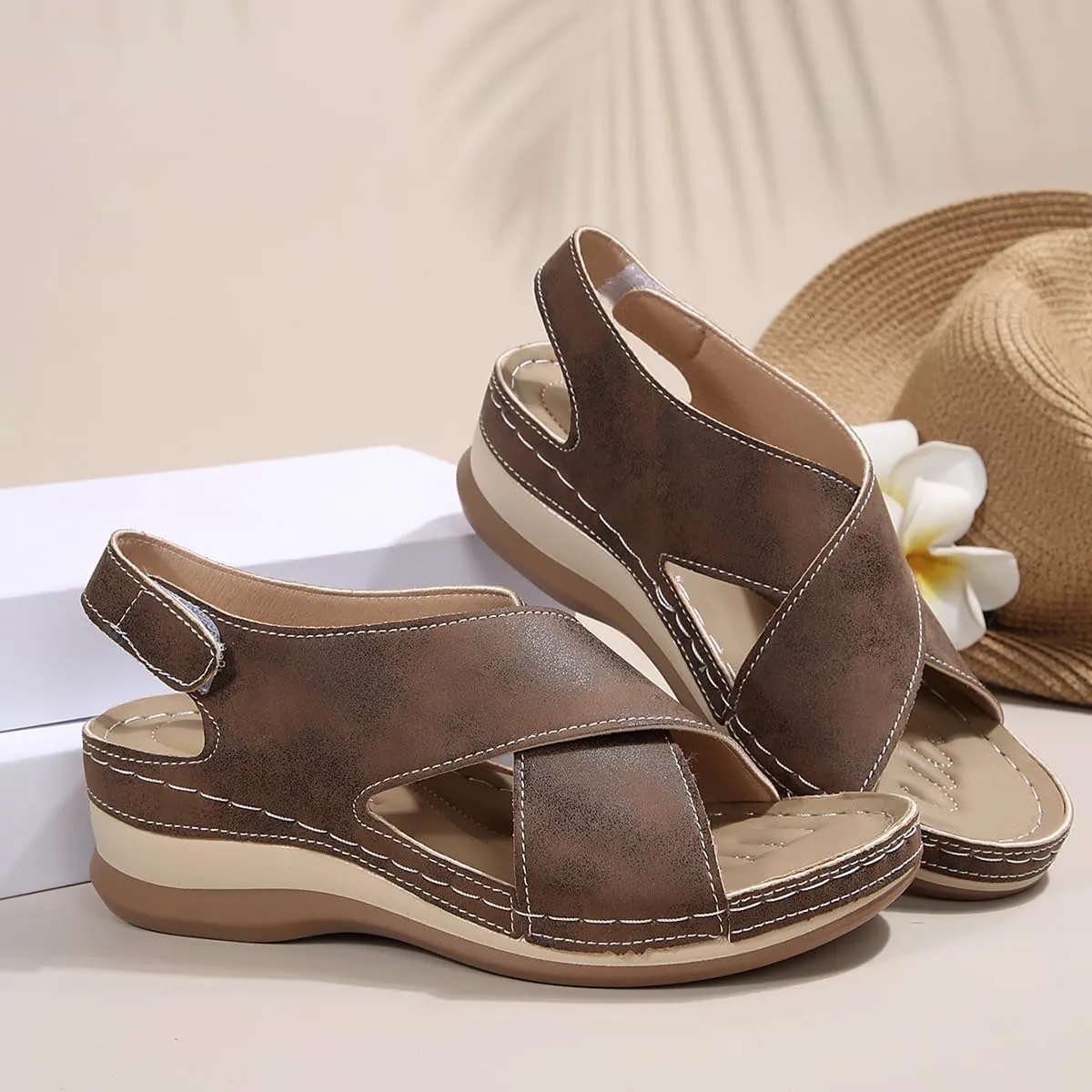 Womens Soft Sole Wedge Sandals with Arch Support Massage Adjustable Buckle Support Summer Lightweight Sandals Wedge Slippers Damping Sole