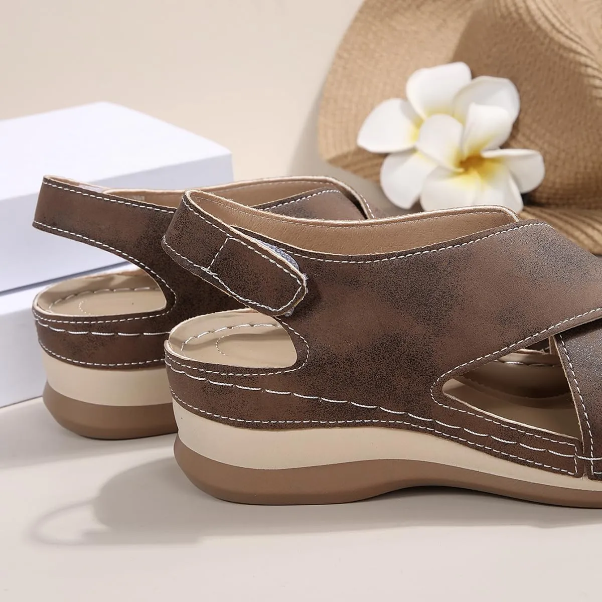 Womens Soft Sole Wedge Sandals with Arch Support Massage Adjustable Buckle Support Summer Lightweight Sandals Wedge Slippers Damping Sole