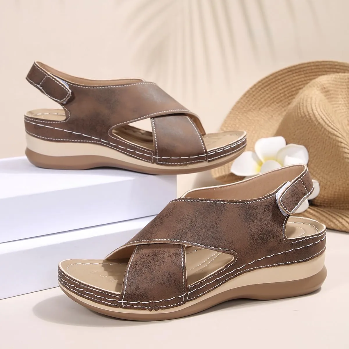 Womens Soft Sole Wedge Sandals with Arch Support Massage Adjustable Buckle Support Summer Lightweight Sandals Wedge Slippers Damping Sole