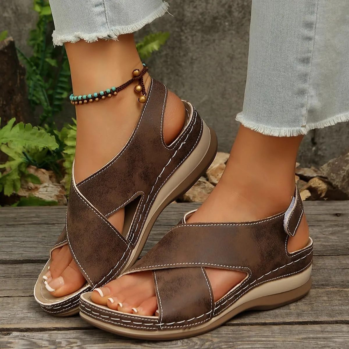 Womens Soft Sole Wedge Sandals with Arch Support Massage Adjustable Buckle Support Summer Lightweight Sandals Wedge Slippers Damping Sole