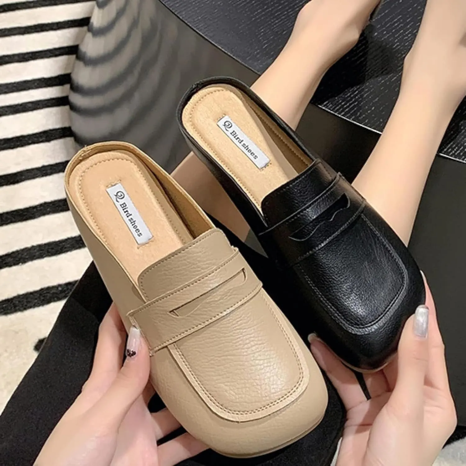 Women's Square Toed Mule Sandals Cute Low Heeled Skates Outdoor Walking No Back Loafer Sandals Women's Skates