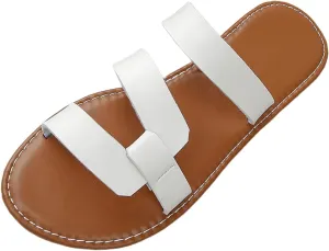 Womens Summer Sandals Comfortable Casual Walking Dressy Flat Leather Open Toe Elastic Fashion Platform Slip Slide Sandals Solid Color Travel Beach Ladies Shoes