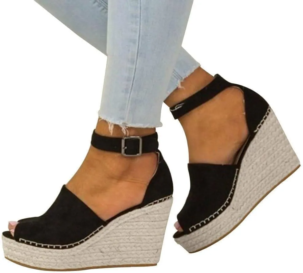 Womens Wedge Sandals Espadrille Sandals for Women Open Toe Ankle Strap Buckle Platform Sandal, Wide Width Comfortable Orthopedic Wedges Casual Summer Dress Shoes