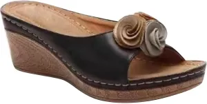 Womens Wedge Sandals Open Toe Mid Heel Platform Sandals Vegan Leather Floral Slip On Dress Shoes Wide Width Fish Mouth Beach Shoes