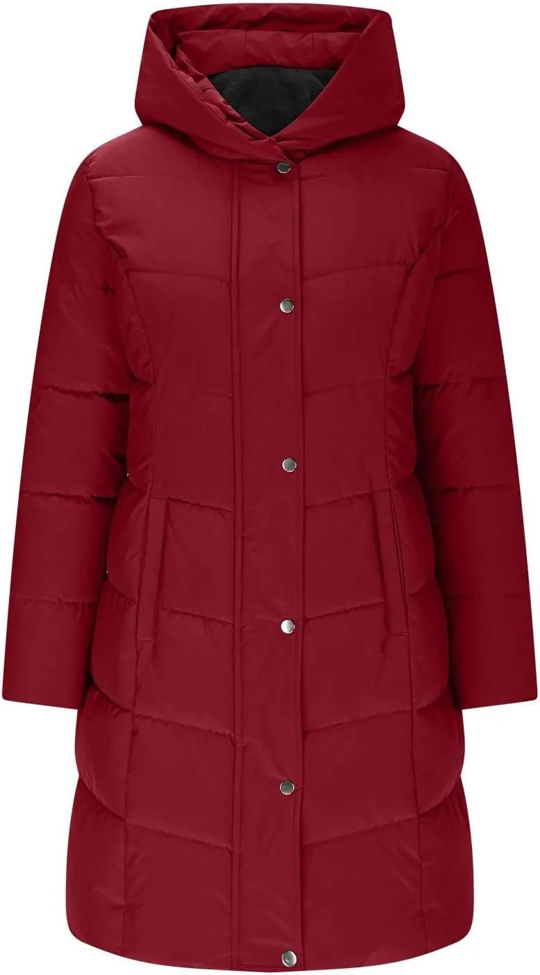 Womens Winter Coats Fleece Lined Hood Full Zip Quilted Jackets Casual Thicken Thermal Windproof Outerwear with Pocket