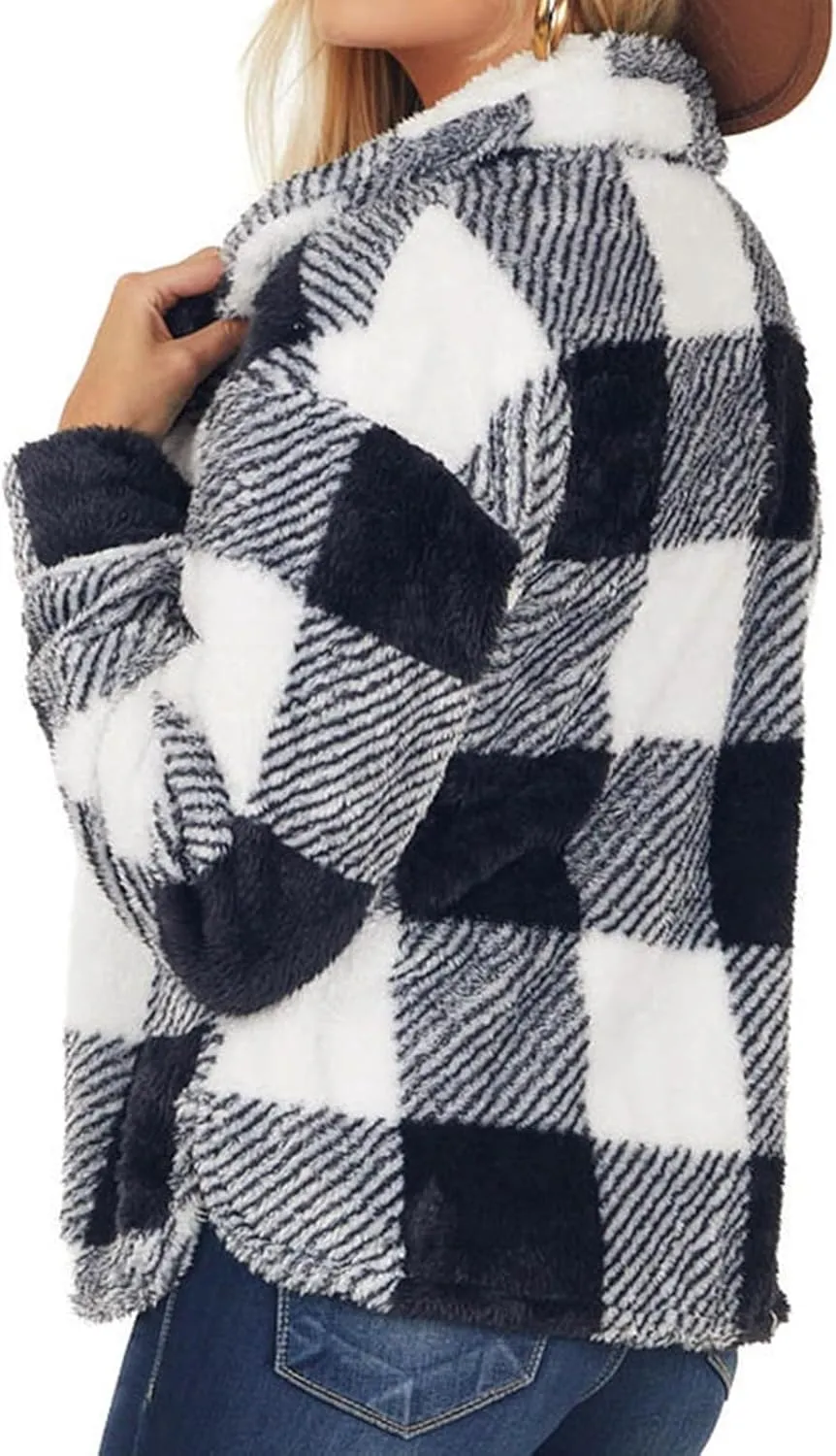 Women's Winter Coats Trendy Fuzzy Fleece Open Front Spring Sherpa Cropped Jacket Warm Plaid Cardigan Casual Outerwear