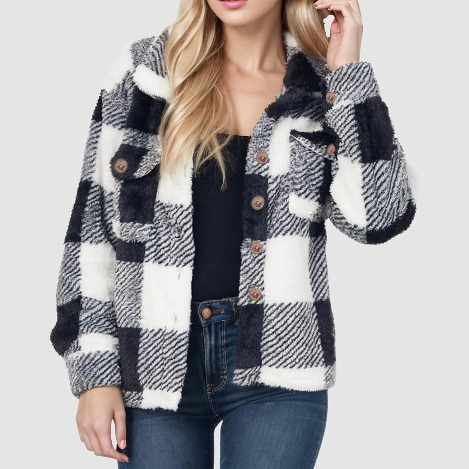 Women's Winter Coats Trendy Fuzzy Fleece Open Front Spring Sherpa Cropped Jacket Warm Plaid Cardigan Casual Outerwear
