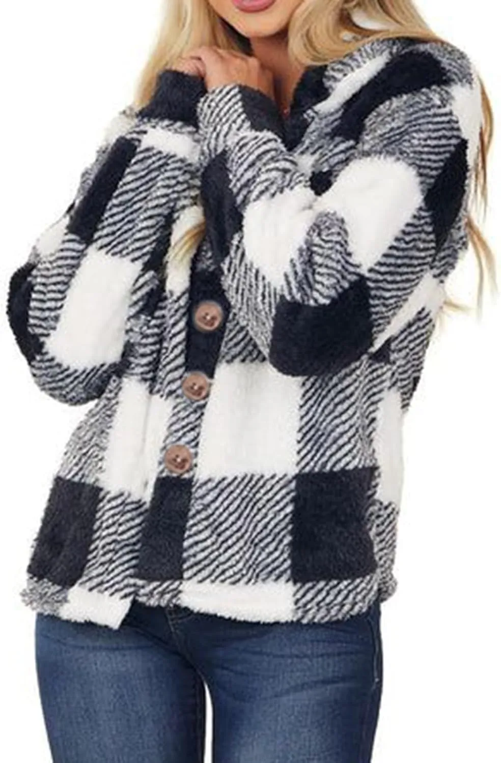 Women's Winter Coats Trendy Fuzzy Fleece Open Front Spring Sherpa Cropped Jacket Warm Plaid Cardigan Casual Outerwear