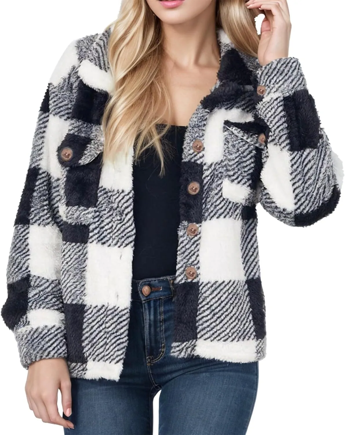 Women's Winter Coats Trendy Fuzzy Fleece Open Front Spring Sherpa Cropped Jacket Warm Plaid Cardigan Casual Outerwear