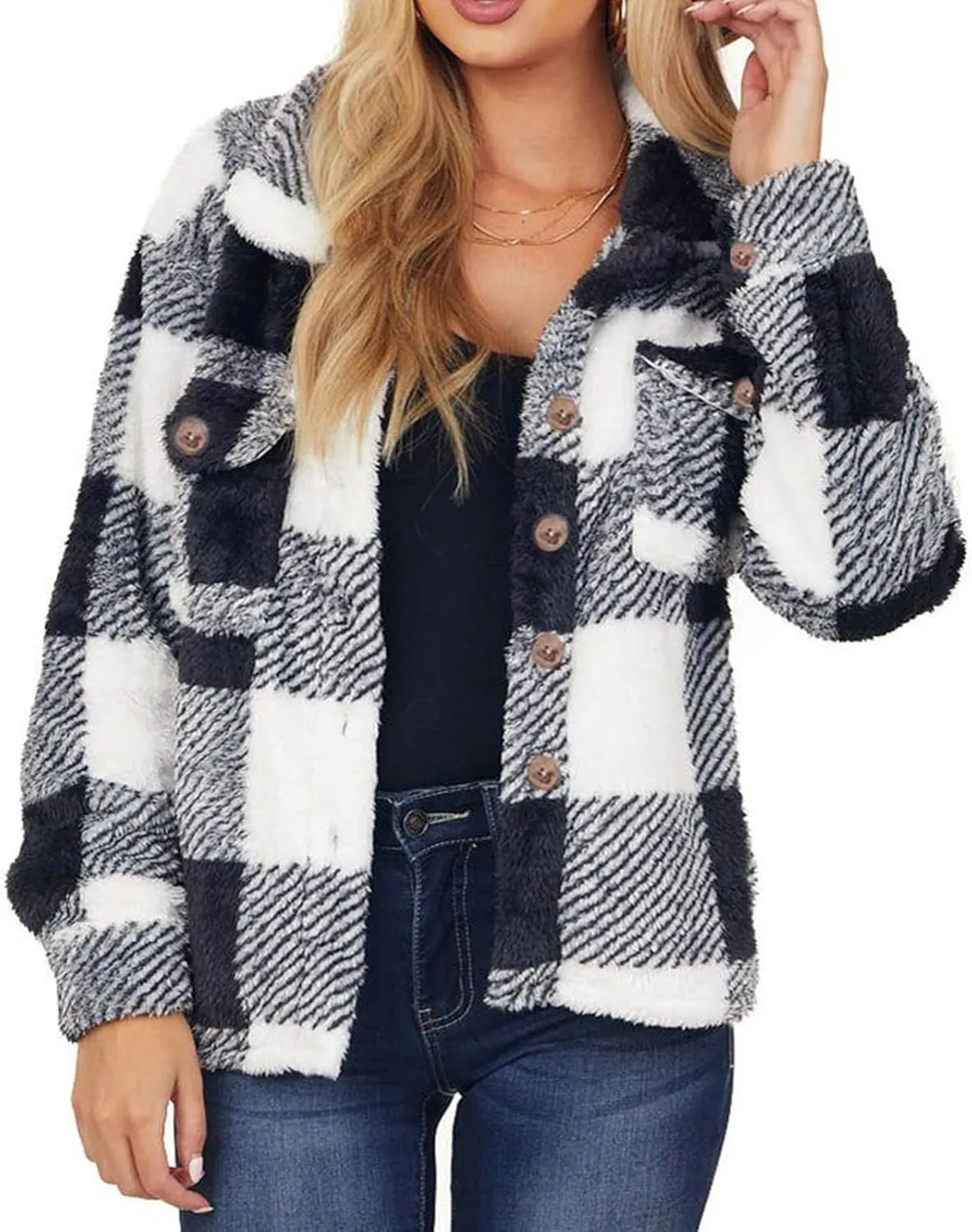 Women's Winter Coats Trendy Fuzzy Fleece Open Front Spring Sherpa Cropped Jacket Warm Plaid Cardigan Casual Outerwear