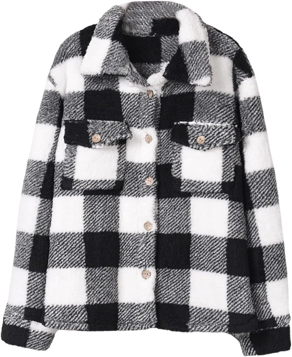 Women's Winter Coats Trendy Fuzzy Fleece Open Front Spring Sherpa Cropped Jacket Warm Plaid Cardigan Casual Outerwear