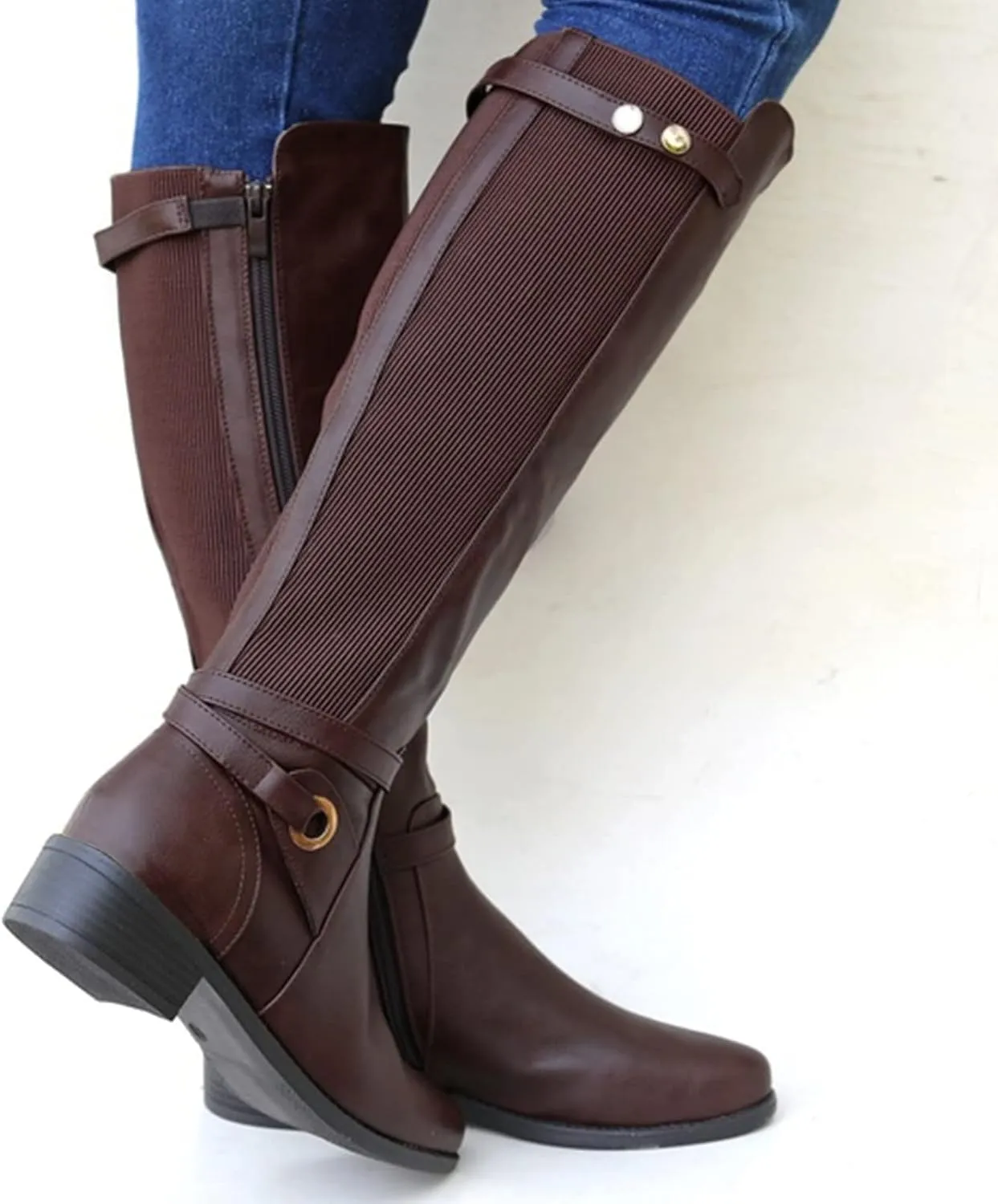 ZBYY Women's Mid Calf Knee High Boots Side Zipper Buckled Straps Round Toe Cowboy Boots Chunky Block Platform Heels Anti-Slip Riding Booties
