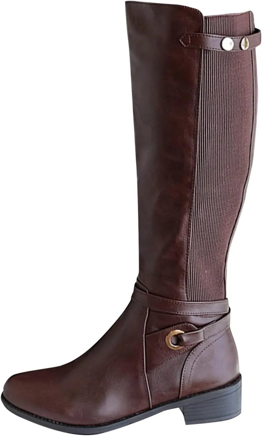 ZBYY Women's Mid Calf Knee High Boots Side Zipper Buckled Straps Round Toe Cowboy Boots Chunky Block Platform Heels Anti-Slip Riding Booties