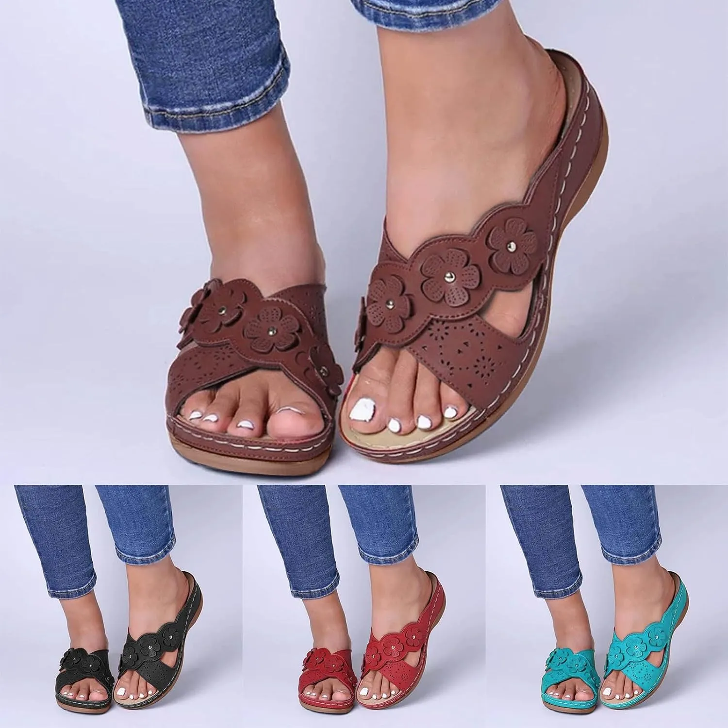 ZSpzx Orthopedic Sandals for Women Dressy Summer 2025 Women's Hollow Out Flower Slippers Womens Comfortable Arch Support Casual Wedge Boho Walking Shoes Flip Flops Sandalias Ortopdicas Para Mujer