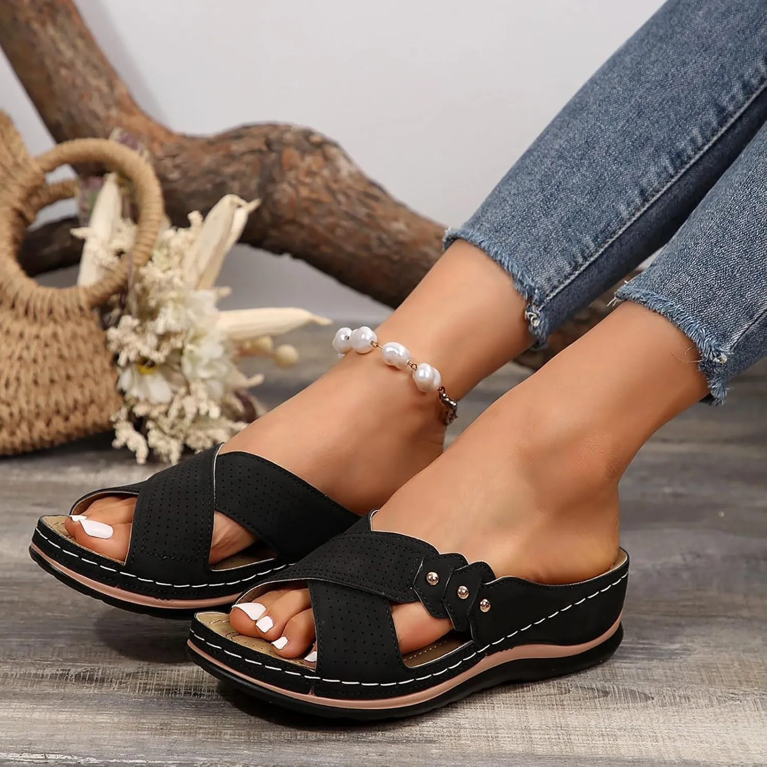 ZSpzx Wedge Sandals For Women 2025,Breathable Platform Soft Sole Orthopedic Footwear Daily Wear Cushion Arch Support Party Walking Home Outdoor Casual Dress Summer Slippers Comfortable Leather Slides