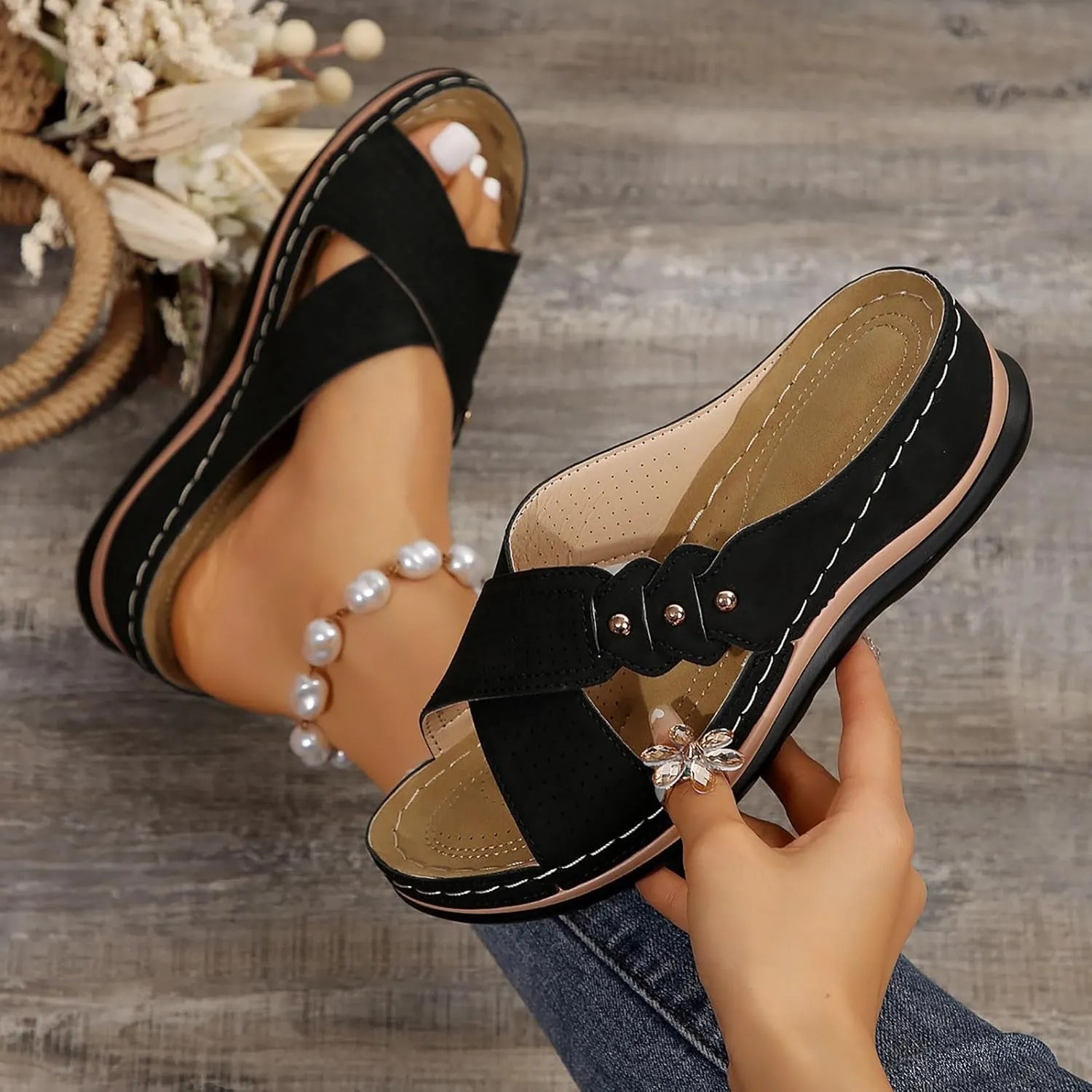 ZSpzx Wedge Sandals For Women 2025,Breathable Platform Soft Sole Orthopedic Footwear Daily Wear Cushion Arch Support Party Walking Home Outdoor Casual Dress Summer Slippers Comfortable Leather Slides